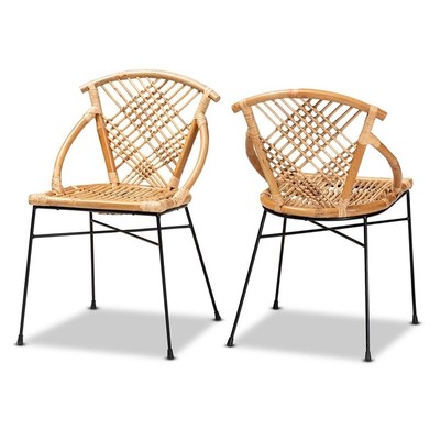 Baxton Studio Pro Modern  Brown Rattan and Black Metal 2-Piece Dining Chair Set