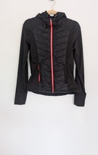 H M Sports Women's Black Quilted Hooded Jacket Full Zip Red Accents Thumb Holes