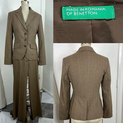 Benetton Size 40 Low Rise Pant Suit Brown Tweed