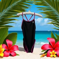 TYR Reversible One Piece Swimsuit Sz S/M See Measurements Blk/Fushia Racerback
