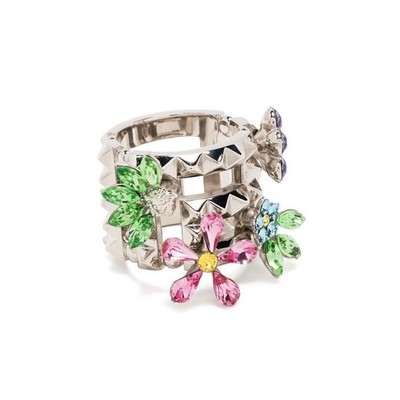 NIB Versace Silver Tone Ring 15 US 7 Greca Multi Color Crystal Flower Bloom $675