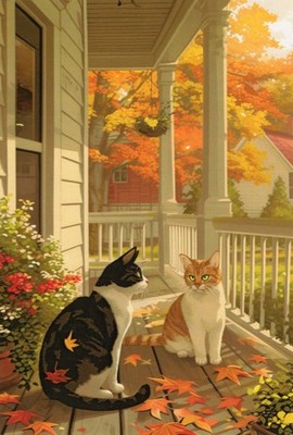 Grußkarte * Kunstlerkarte * Tiere * Herbst, Ein paar Katzen auf der Veranda