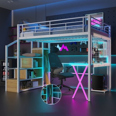 Full Size Metal Loft Bed with Built-in Work Station, Wardrobe, Storage Staircase