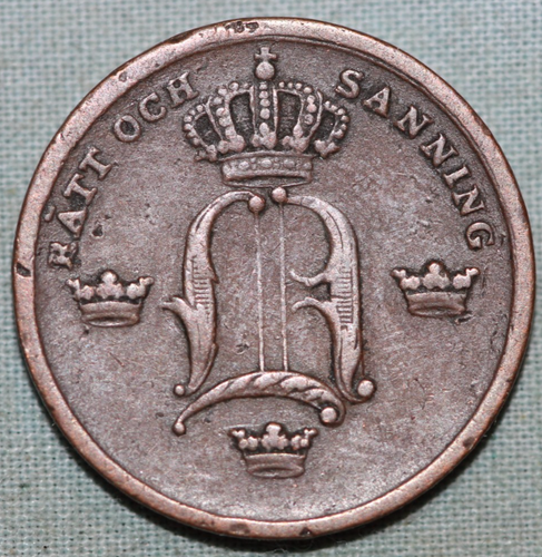 SWEDEN Copper 1852 1/3 Skilling Mintage 489,000~Oscar I (1844-1859) ~ 93¢ Ship - Picture 2 of 2