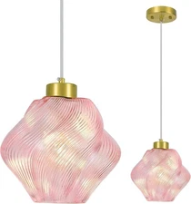 Pink Glass Pendant Light Fixture 8.85 Twisted Glass Shades Gold Hanging Light