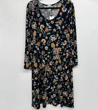 Leota Boho Floral A-Line Dress Sz 3X Black Multi Long Slv Office Cottage Modest