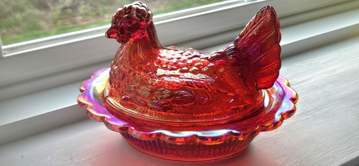 Mosser Red Carnival Glass Hen On Nest 6 1/2 Cadminum Glow 128rc | eBay