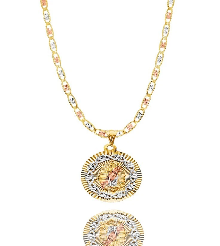 Ciondolo religioso timbro oro 14 kt tre Vergine Maria Guadalupe catena Valentino