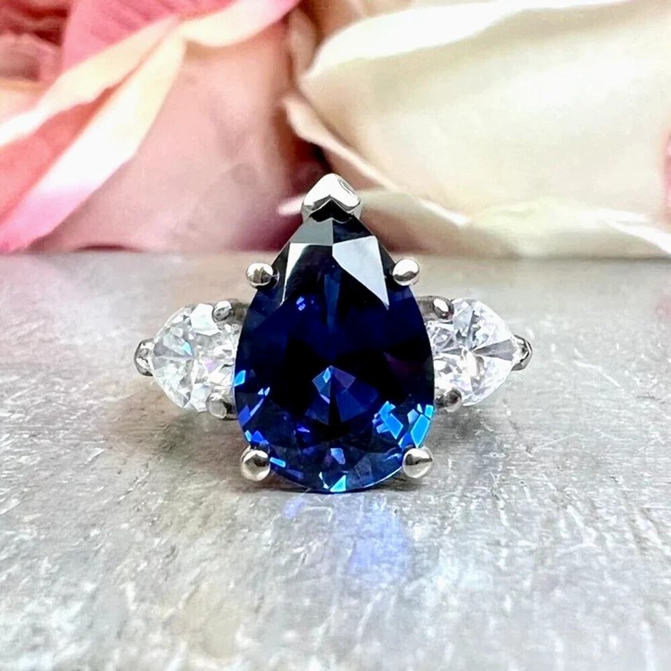 4.60 TCW Pear Natural Blue Sapphire Three Stone Engagement Ring 9ct White Gold - Image 2 of 4