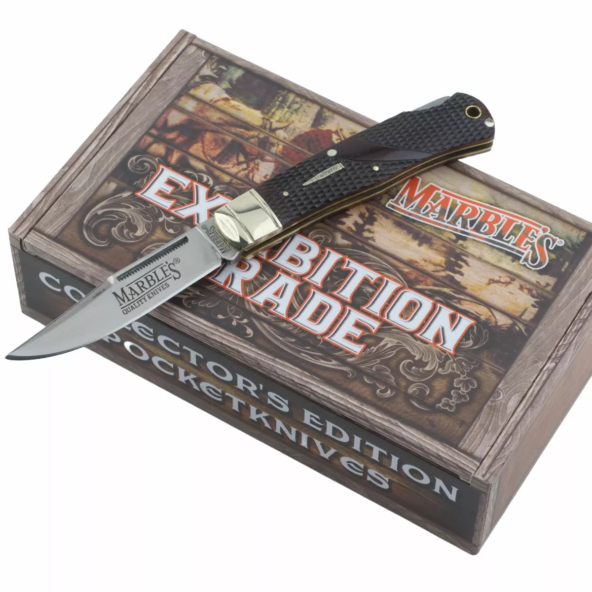Marbles Lockback Folding Knife Brown Checkered Bone Handle MR677 