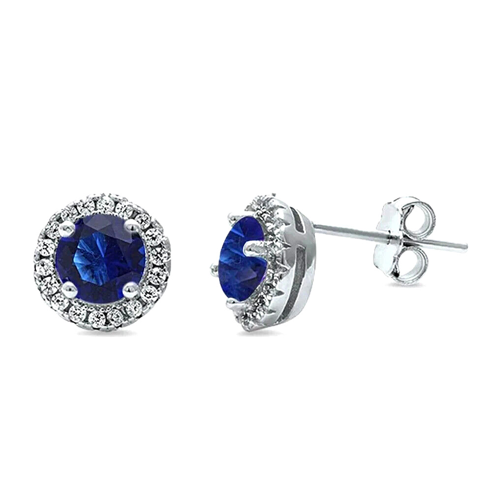 Genuine Blue & White Sapphire Halo Stud Earrings in Sterling Silver