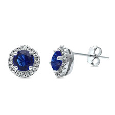 Genuine Blue  White Sapphire Halo Stud Earrings in Sterling Silver