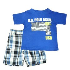 Polo USPA Infant Toddler Boys 2 Piece Blue T-Shirt Blue Plaid Shorts Set 12m