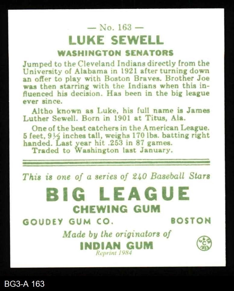 1933 Goudey Reprint #163 Luke Sewell Senators 8 - NM/MT - Image 2 of 2