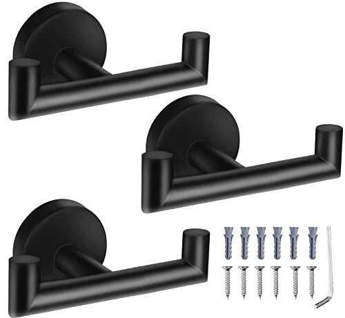 3 Pack Double Towel Hooks for Bathroom Matte Black Wall Mount Robe