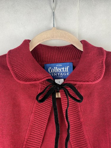 Collectif Bolero Cardigan UK 10 S 3/4 Sleeve Cotton Burgundy Red Tie Hook - Picture 3 of 10