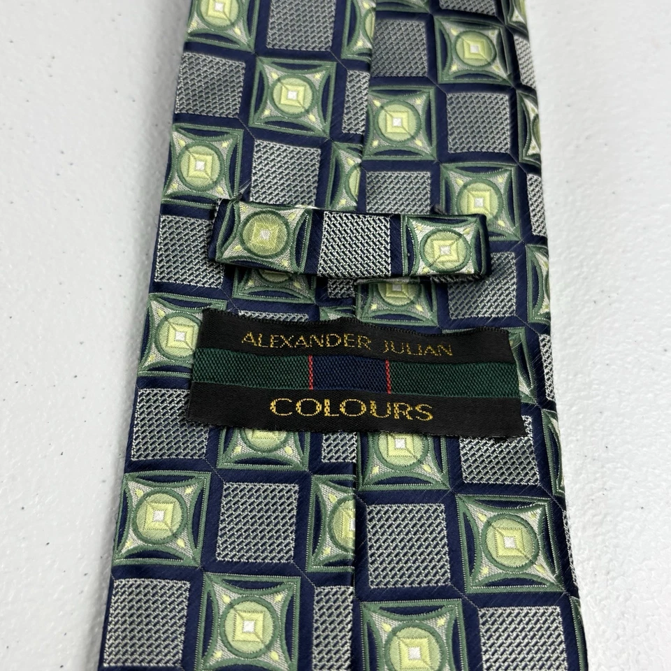 Corbata Alexander Julian Colores Hecha a Mano Poliéster Verde Azul Cuadros Abstracto Retro Foto 3 de 4