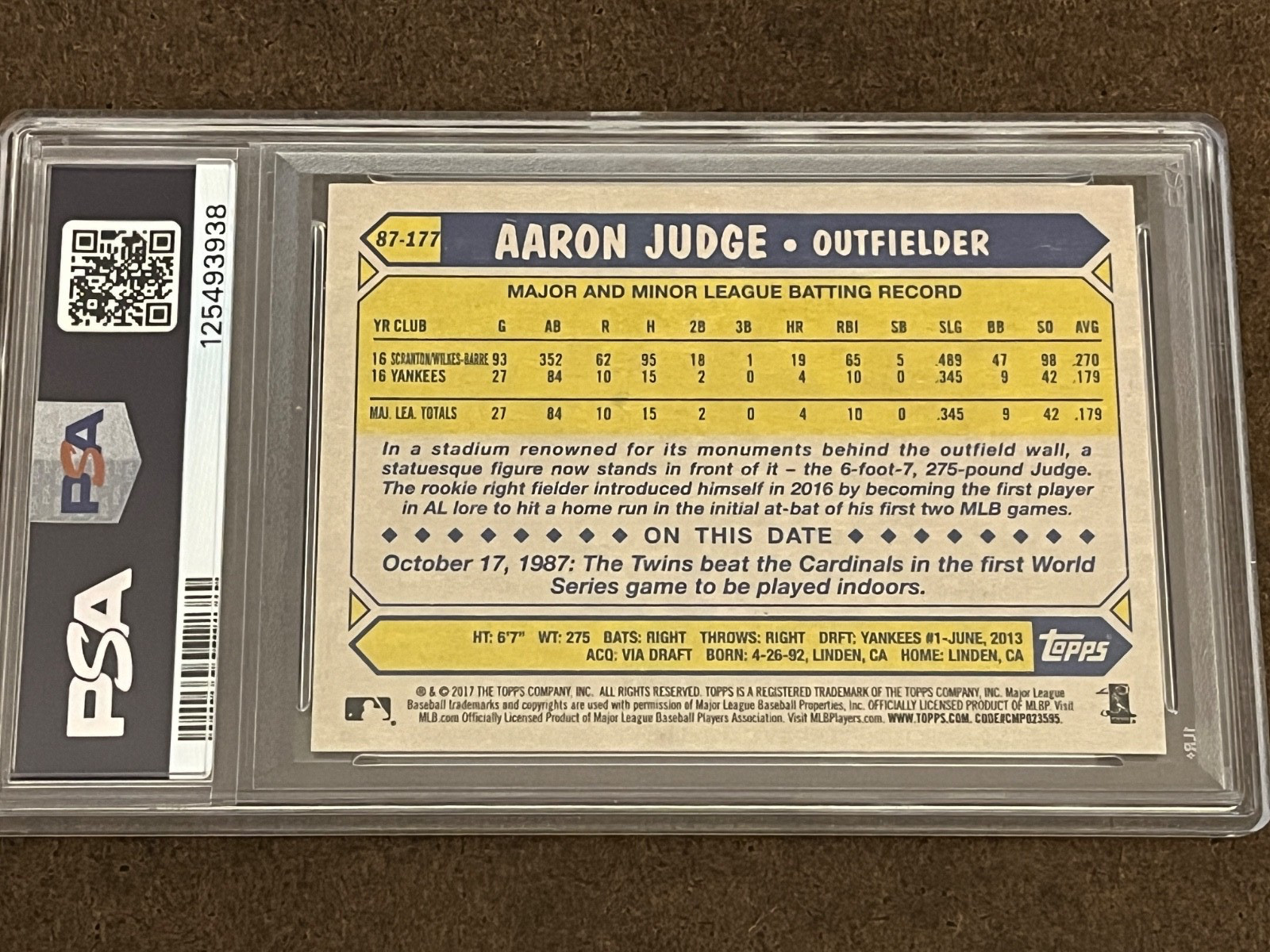 2017 Topps Baseball 1987 30th Anniversry #87-177 Aaron Judge (RC) Yankees PSA 10 view 4