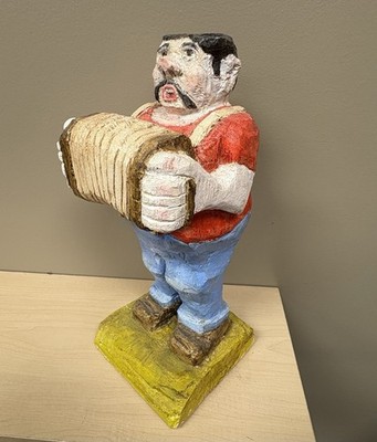 Contemporary Folk Art Painted Wood Carving Sculpture Accordion Player Man Bruck