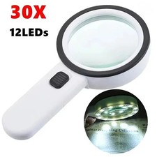 30X Jumbo Handheld Magnifying Glass w/ 12 Bright LED Light Illuminated Magnifier