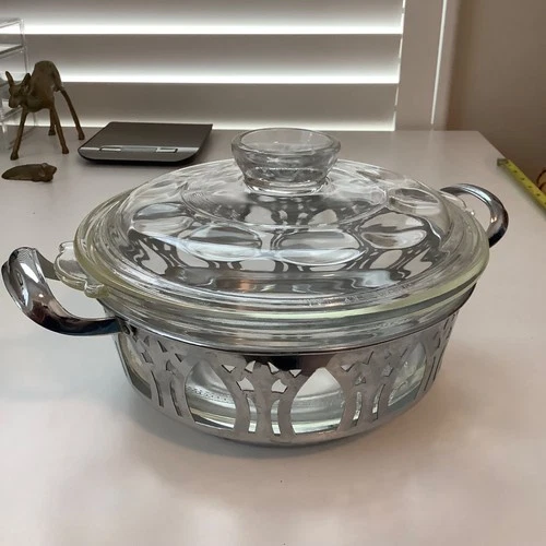 Vintage Glasbake Pyrex 1919 Baking Dish with Metal Serving Stand