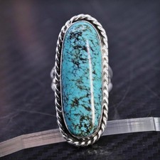 size 5, Native American sterling silver 925 long ring with spiderweb turquoise