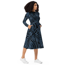 Women's Twilight Palm Long-Sleeve Midi Dress - Colorful Patterned Fit Flare