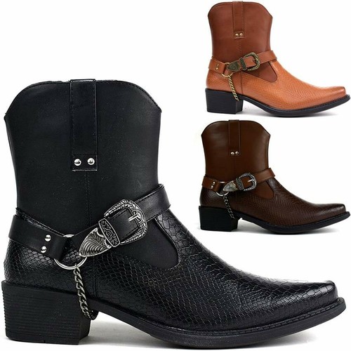 Mens Ankle Cowboy Biker Boots New 