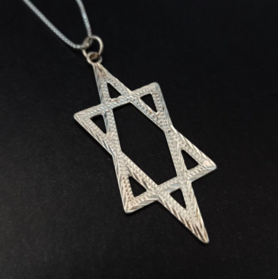 Star of David Necklace Long Large Stretched Silver Sterling 925 Engraved Vintage