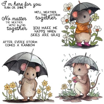 Rainy Day Mouse Flowers Rain or Shine Weather Metal Cutting Dies Clear Stamps