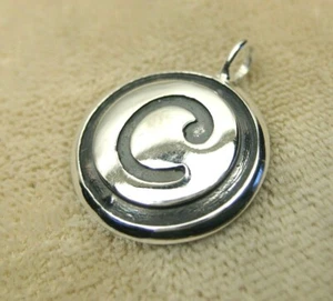 Vintage Polished Simple Sterling Silver Round Button C Initial Pendant 925