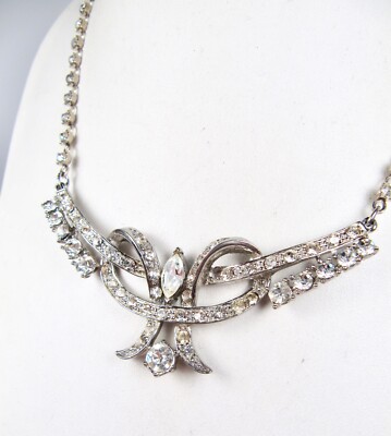 Vintage 1950s Clear Glass Rhinestone Pretzel Bow Banner