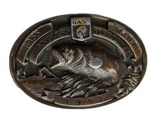 Bass Anglers Society 1993 fish and boat steel oval belt buckle 3" x 2 1/8"