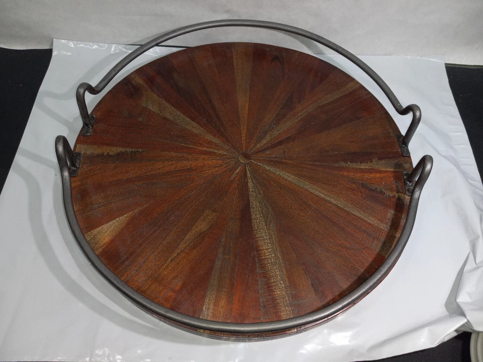 Vintage Large Round Wooden Serving Tray Circular Metal Handles - 17 3/4" - Image 2 of 4