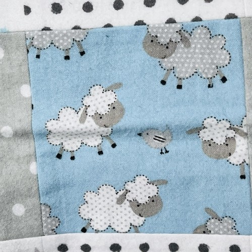 Baby Quilt Lambs Sheep Block Print Gray Polka Dot Crib Blanket 34” x43 1/2” - Picture 4 of 8