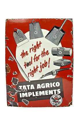 Vintage Tata Agrico Enamel Sign 18x24 India Implements Tools Advertising Board