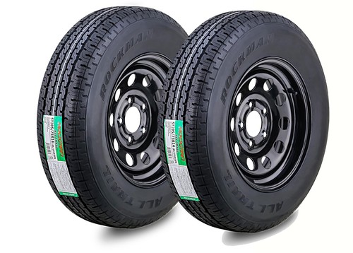 2 ROCKMAN Trailer Tire Assembly ST205/75R14 8-Ply Black Mod Rim 5 Lug on 4.5"