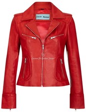 Women Leather Jacket Red Biker Motorcycle Style Tops Genuine Leather Jacket 9823