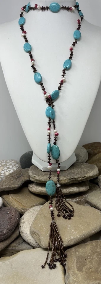 Colar de borla vintage turquesa pérola ametista frisado longo 60" camadas Lariat