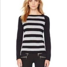 Michael Kors MK Silver Black Striped Sweater size M Knit Tunic Top Mettalic