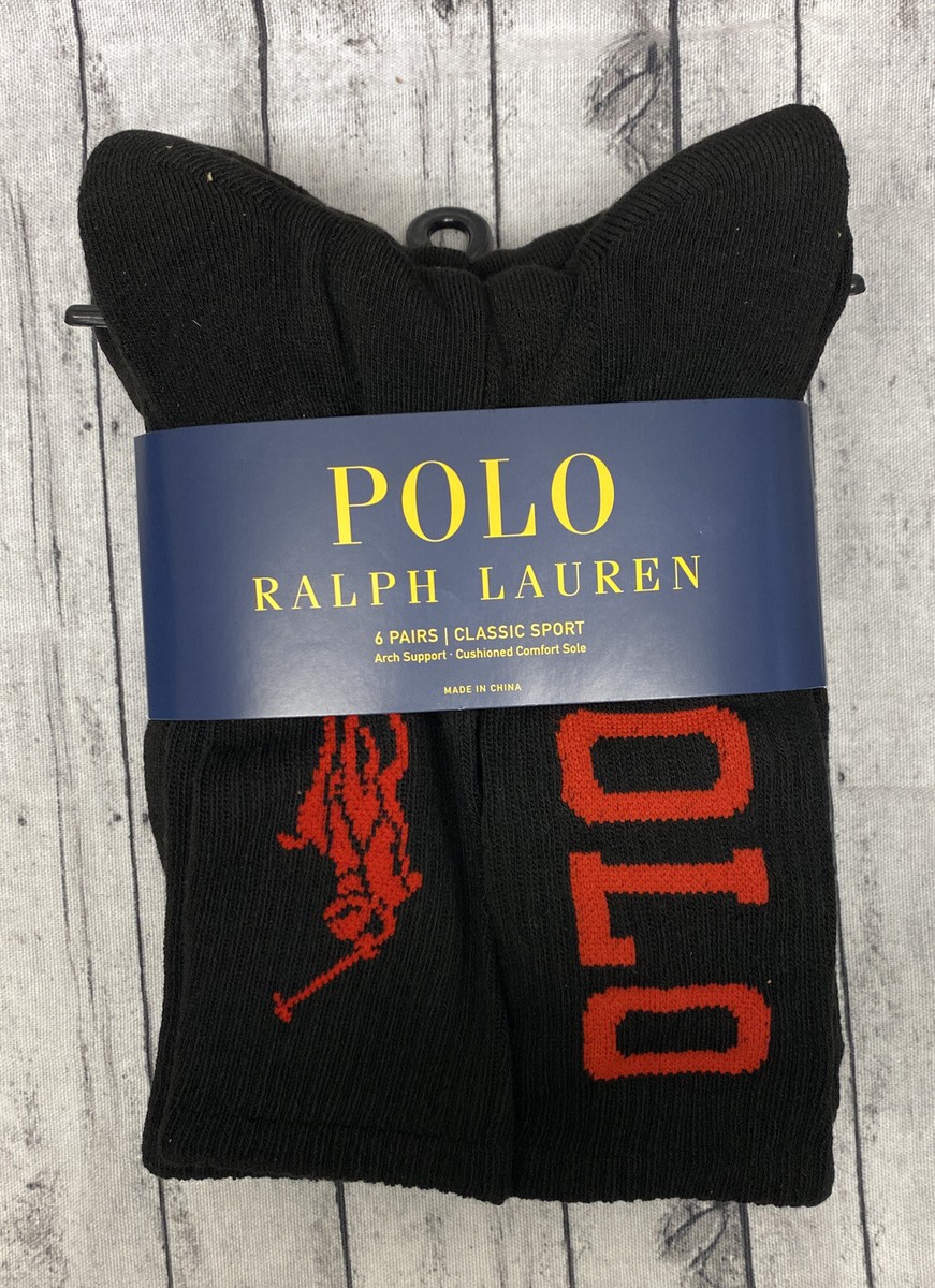 Polo Ralph Lauren Men 6 pairs Classic Crew Socks Black RED PONY
