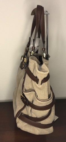 MICHAEL KORS Gansevoort Natural Hemp Canvas Mocha Brown Leather Shoulder Bag NWT - Picture 5 of 15