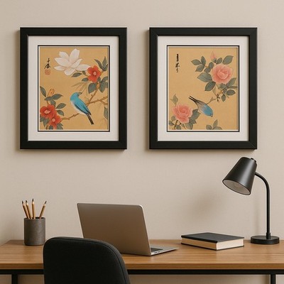 2er Set handgemalte Seidenkunstwerke - Vögel & Blumen - gerahmt