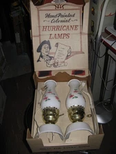 MID-CENTURY MOD COLONIAL HAND PAINTED MILK GLASS TURN KEY HURRICANE LAMPS MIB