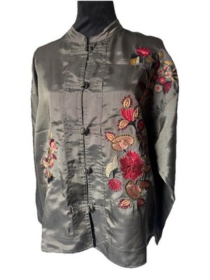 Chicos Design Womens VTG Asian Floral Embroidery Design Knott Button Up Blouse 1
