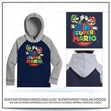 BOYS NINTENDO MARIO AND LUIGI THIN "SUPER MARIO" RAGLAN HOODIE SIZE 8