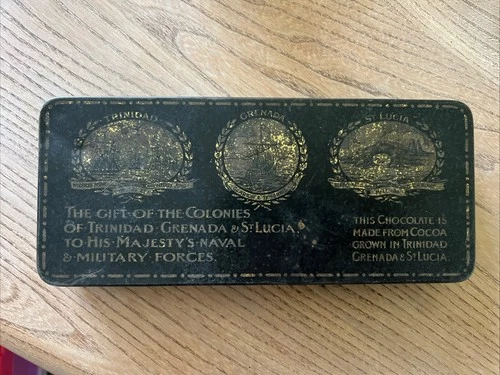 VINTAGE WW1  CHOCOLATE TIN FROM TRINIDAD GIVEN TO MILITARY FORCES see photos
