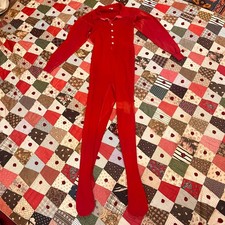 Vintage 1940s Red Thermal Union Suit One Piece Long Johns Sleepwear Distressed