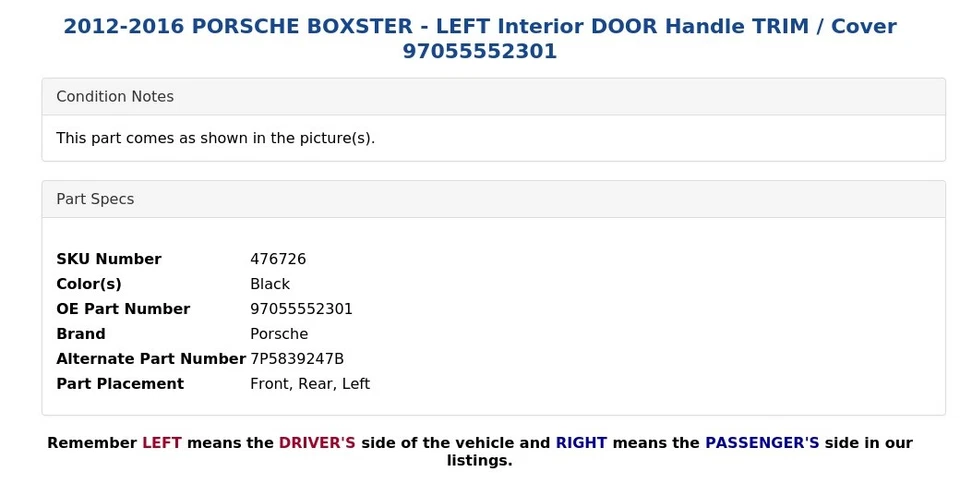 Porsche Boxster 2012-2016 - interior izquierdo manija puerta moldura/cubierta 97055552301 Foto 4 de 4
