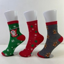 Set 3 Christmas Themed Crew Socks Festive Holiday Santa Bear Trees Gingerbread